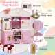 Pretend play kitchen wooden toy set in pink with realistic sounds, lights, and multiple interactive features for kids.