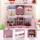Pretend play kitchen wooden toy set in pink with range hood, LED lights, and realistic sounds for immersive play.