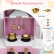 Wooden toy kitchen set in pink with pot, pan, utensils, and realistic sounds and lights for imaginative play.