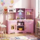 Wooden pretend play kitchen set in pink with range hood, realistic sounds, lights, and included accessories for.