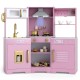 Wooden pretend play kitchen set in pink with range hood, realistic sounds, lights, and various accessories for.