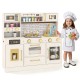 Beige pretend toy kitchen set with realistic stoves, faucet, and open shelves, perfect for imaginative play and.