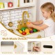 Pretend toy kitchen set in beige featuring a water dispenser, stoves, and colorful food for imaginative play.