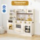 Beige pretend toy kitchen set with dimensions shown, featuring stoves, sink, and cabinets for safe and fun role-play.