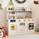 Beige pretend toy kitchen set with open shelves and cartoon dishwasher, designed for safe and fun imaginative play.
