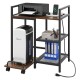 Printer stand in rustic brown with charging station, open mesh shelves, and wheels for easy movement and organization.