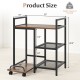 Printer stand with charging station in rustic brown, featuring open mesh shelves and adjustable foot pads for stability.
