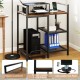 Printer stand in rustic brown with charging station, open shelves, and adjustable foot pads for organized workspace.