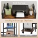 Printer stand in rustic brown with charging station, open mesh shelves, and pull-out slide for organized workspace.