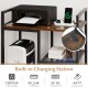 Printer stand in rustic brown with built-in charging station, open shelves, and wheels for easy movement.
