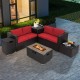 Outdoor rattan fire pit table set with red cushions, 40000 BTU heat, and versatile side table for gatherings.