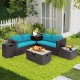Outdoor fire pit table set with brown PE rattan, 40000 BTU heat, and side table for versatile outdoor use.