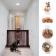Folding adjustable 3-panel wood fence in cherry finish, perfect for doorways and hallways, featuring retractable feet.