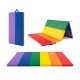 Tri-folding PU leather gymnastics tumbling mat in rainbow colors, featuring durable foam padding and carrying handles.