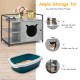 Hidden litter box enclosure in gray with 2-tier storage shelf and spacious tabletop for cat supplies and decor.