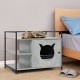 Gray hidden litter box enclosure with 2-tier storage shelf, perfect as a side table for cat supplies and decor.