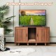 2-door cat litter box enclosure in brown, designed for TVs up to 50”, featuring a winding entry and scratching board.