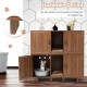 2-door cat litter box enclosure in brown with winding entry, scratching board, and spacious tabletop for versatile use.