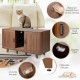 2-door cat litter box enclosure in brown with winding entry, scratching board, and adjustable foot-pads for stability.
