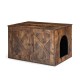 Wooden hidden cabinet cat furniture with barn door design, featuring a spacious top and roomy interior for litter box.