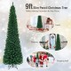 9ft slim pencil Christmas tree with green PVC needles, ideal for small spaces and holiday decorations in any setting.
