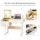 Makeup table with flip top mirror, featuring two drawers and dividers for cosmetics, ideal for bedroom or study room.