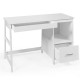 White modern computer desk showcasing a side view with open drawers, featuring ample storage for home or office.