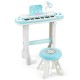 Kids electronic piano keyboard playset in blue with 37 keys, microphone, and detachable stool for musical fun.