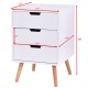 White wood side end table with three drawers, featuring a mid-century design and sturdy oak legs, perfect for bedroom.