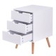 White wood side end table with three slide-out drawers, featuring a mid-century design, perfect for living room or.