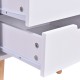 Close-up of the white wood side end table with three drawers, showcasing its modern design and sturdy oak wood.