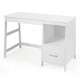 Modern white computer desk with a close-up of the storage drawer, offering ample space for home or office organization.