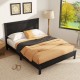 Queen size black bed frame with high headboard, solid rubber wood legs, and slatted design for mattress support.