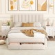 Beige queen size bed frame featuring a stylish vertical channel headboard and plush upholstery for elegant bedroom.