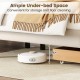 Queen size bed frame with ample under-bed space for storage and floor cleaning, featuring a beige upholstered design.