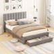 Queen size bed frame in gray with vertical channel headboard and storage drawer, perfect for organized bedroom space.
