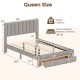 Queen size bed frame in gray with vertical channel headboard and storage drawer, designed for comfort and organization.