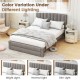 Queen size bed frame with gray upholstered vertical channel headboard and storage drawer, shown in different lighting.