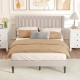 Queen size upholstered platform bed in beige with wingback headboard, featuring Dutch velvet fabric and wooden slat.