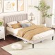 Close-up of the beige upholstered wingback headboard of a queen size platform bed, showcasing soft Dutch velvet fabric.