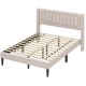 Queen size upholstered platform bed in beige with wingback headboard and wooden slat support for modern elegance.