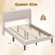 Queen size upholstered platform bed in beige with wingback headboard, wooden slat support, and modern design.