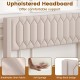 Upholstered wingback headboard in beige linen fabric, offering comfortable support for a queen size platform bed.