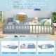 Queen size Montessori bed frame in gray with lockable door, full-length guardrails, ideal for kids' safety and.