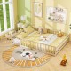 Montessori queen size floor bed frame in natural wood with full-length safety guardrails, perfect for kids' rooms.
