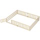Montessori floor bed frame with full-length safety guardrails in natural wood, designed for kids' sleeping and play.