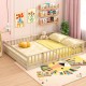 Montessori floor bed frame in natural wood with full-length safety guardrails, ideal for kids' sleeping and play areas.