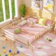 Montessori queen size floor bed with natural wood frame, full-length safety guardrails, and low-to-ground design for.