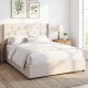 Queen size beige upholstered platform bed with tufted headboard and large under-bed storage for organized living.