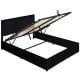 Queen size lift-up storage bed in black with upholstered headboard and large under-bed storage for organization.